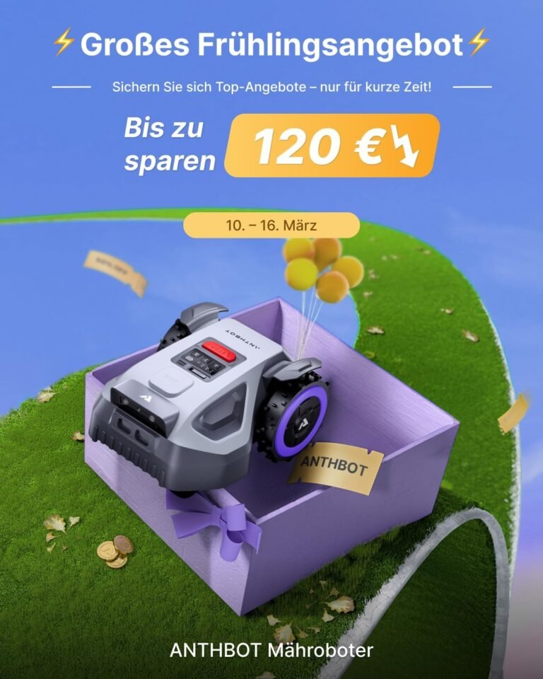 ANTHBOT M5 Mähroboter ohne Begrenzungskabel mit präziser RTK-Navigation und Dual-Vision, KI-Hindernisvermeidung, App-Steuerung, für Gärten bis 500 m², kompakter Rasenmäher Roboter mit 45% Steigung