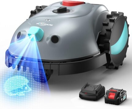 V100 Mähroboter ohne Begrenzungskabel Rasenroboter mit Kamera, Hindernisvermeidung, Vision Navigation, 4 Ah Akku Rasenmäher Roboter ohne Begrenzungsdraht 150㎡ mit Ersatzklingen, Spiralschnitt