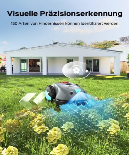 V100 Mähroboter ohne Begrenzungskabel Rasenroboter mit Kamera, Hindernisvermeidung, Vision Navigation, 4 Ah Akku Rasenmäher Roboter ohne Begrenzungsdraht 150㎡ mit Ersatzklingen, Spiralschnitt