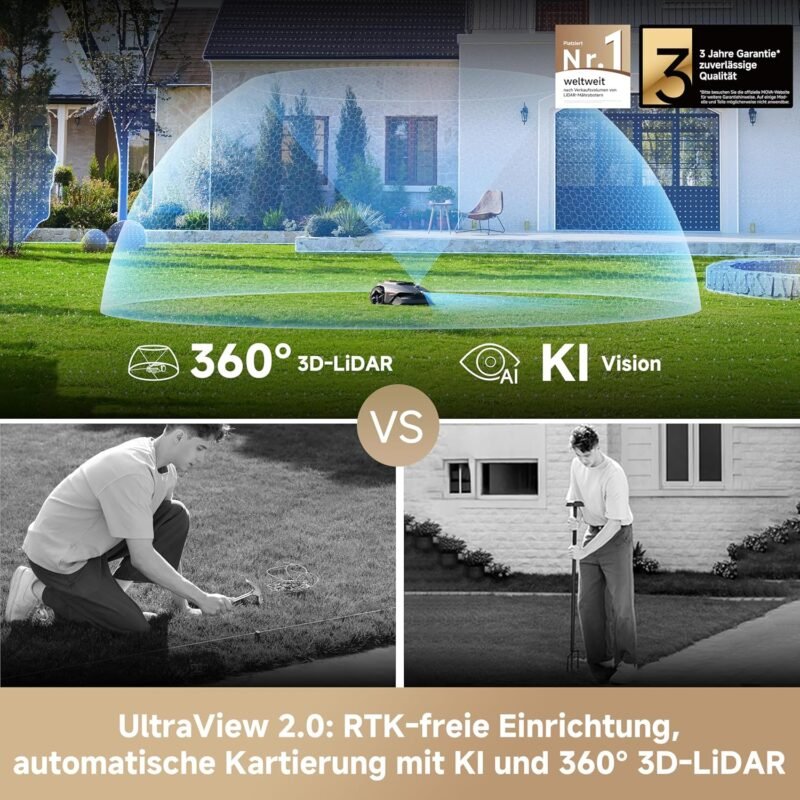 MOVA LiDAX Ultra 800 Mähroboter ohne Begrenzungskabel, Empf. 800 m², ohne RTK & automatische Kartenerstellung per 3D-LiDAR mit 360° & AI Vision, 5 cm Kantenschnitt, effiziente Wegeplanung in U-Form